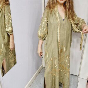 NWT Greek Archaic Kori Long Feather Tea-Gold Maxi Dress Size Medium